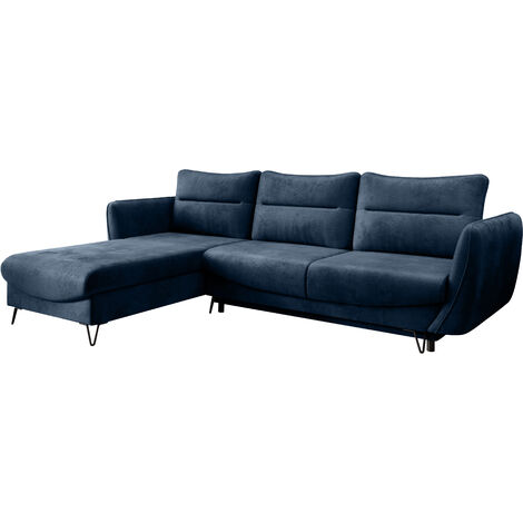 Canapé d'angle convertible velours ZURIK - Coffre de rangement et pieds métal noir angle gauche-Bleu-angle gauche