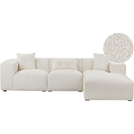 Canapé d'Angle Côté Gauche 3 Places avec Coussins Rembourré en Tissu Bouclé Blanc Cassé Dolva