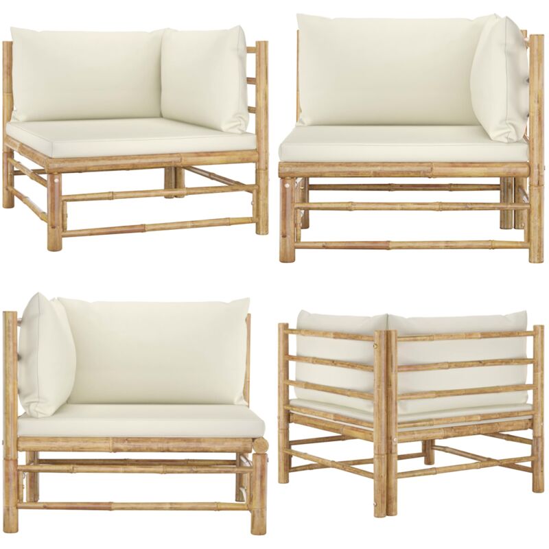 Canapé d'angle de jardin avec coussins blanc crème Bambou - Canapé D'angle - Mobilier De Jardin - Salon De Jardin - Meubles De Jardin - Bambous