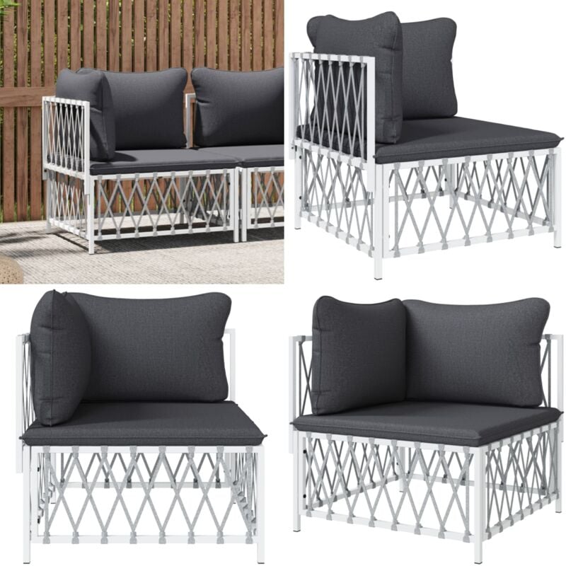Canapé d'angle de jardin avec coussins blanc tissu tissé - Canapé D'angle - Mobilier De Jardin - Salon De Jardin - Canapé Extérieur - Chaise Longue