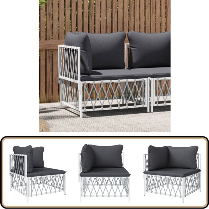 Canapé d'angle de jardin avec coussins blanc tissu tissé - Canapé D'angle - Mobilier De Jardin - Salon De Jardin - Canapé Extérieur - Chaise Longue