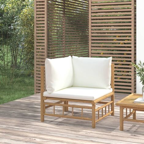 Canapé d'angle de jardin  Fauteuil relax  Canapé d'extérieur avec coussins blanc crème bambou MJU7688