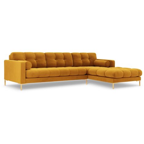 Canapé d'angle droit 5 places en velours jaune
