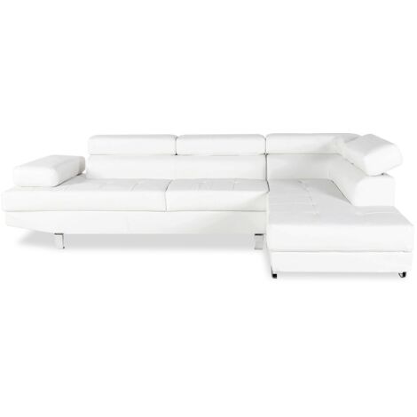 Intensedeco – Canapé d'angle droit avec têtières relevables – Dimensions L260 x P163 cm – Couleur blanc – Matière synthétique – Accoudoir réglable