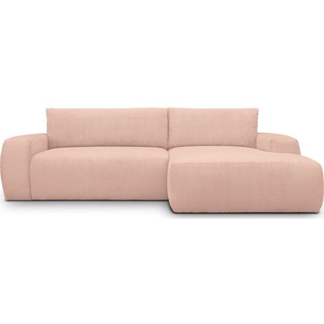 Canapé d'angle droit convertible 3 places en velours côtelé rose pâle - Sonny