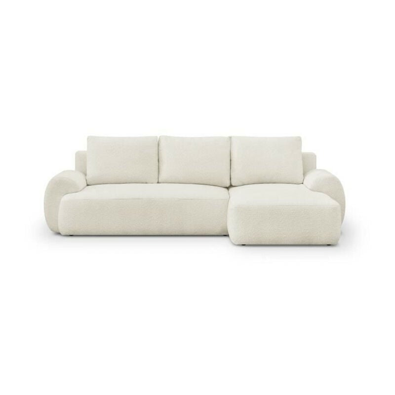 Canapé d'angle droit convertible 3 places MILO - Tissu bouclette beige clair - Coffre de rangement - L 264 x H 84 x P 99/145 cm