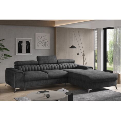 Canapé d'angle droit convertible effet cuir appuis-tête réglables GRENKY - Coffre et pieds acier chromé
