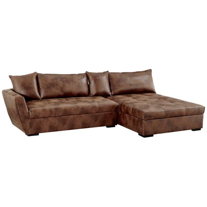 Vente-unique - Canapé d'angle droit convertible en microfibre vieillie marron romane ii
