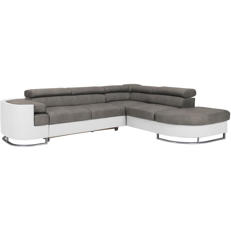 Vente-unique - Canapé d'angle droit convertible en simili blanc et tissu gris mysen ii