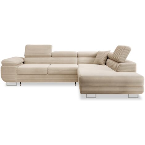Canapé d'angle droit convertible Marius velours côtelé Beige