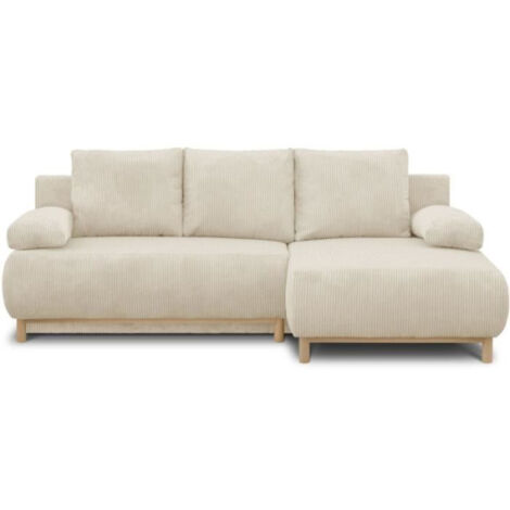 Canapé d'angle droit convertible MIKA 3 places - Velours côtelé beige - Coffre de rangement - L218 x P98/145 x H84 cm