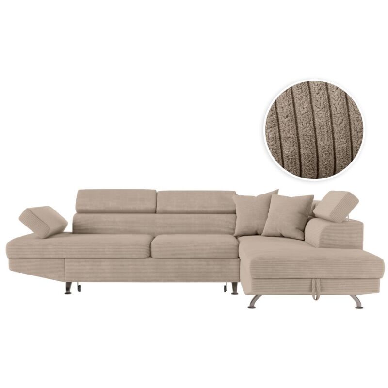 Loungitude – Canapé d'angle convertible 5 places en velours côtelé – Coffre de rangement intégré – Dimensions 271 x 192 cm – Taupe Loungitude – Canapé d'angle convertible 5 places en velours côtelé – Coffre de rangement intégré – Dimensions 271 x 192 cm – Taupe