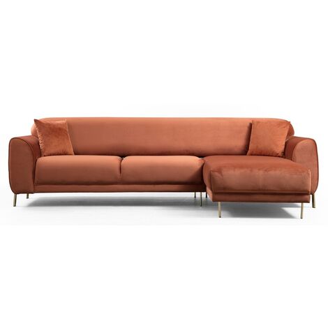 Canapé d'angle droit design velours orange et pieds acier doré Liza