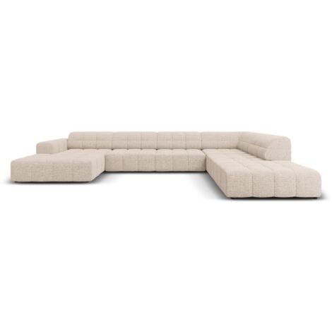 Canapé d'angle droit panoramique 7 places en chenille beige