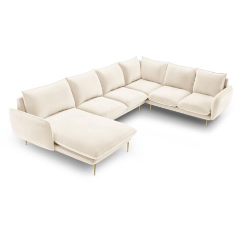 Canapé d'angle droit panoramique 7 places en velours beige clair