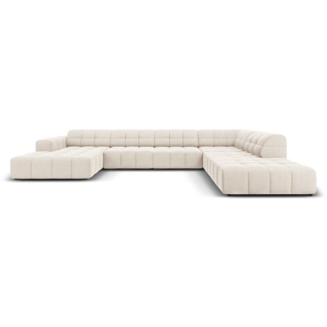 Canapé d'angle droit panoramique 7 places en velours beige clair