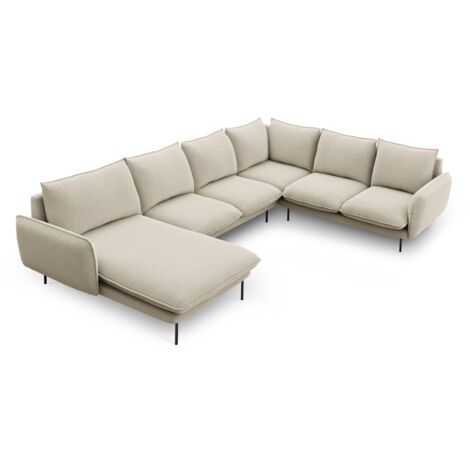 Canapé d'angle droit panoramique 7 places tissu structurel beige