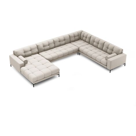Canapé d'angle droit panoramique 7 places tissu structurel beige