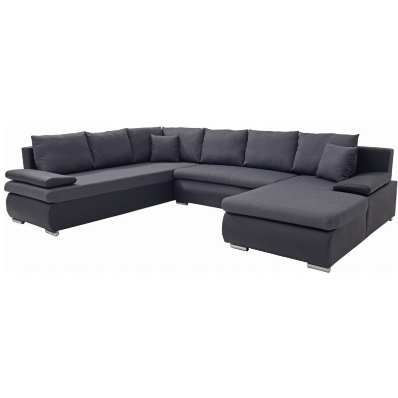 Vente-unique - Canapé d'angle droit panoramique convertible en simili et tissu noir et gris anthracite dakota ii