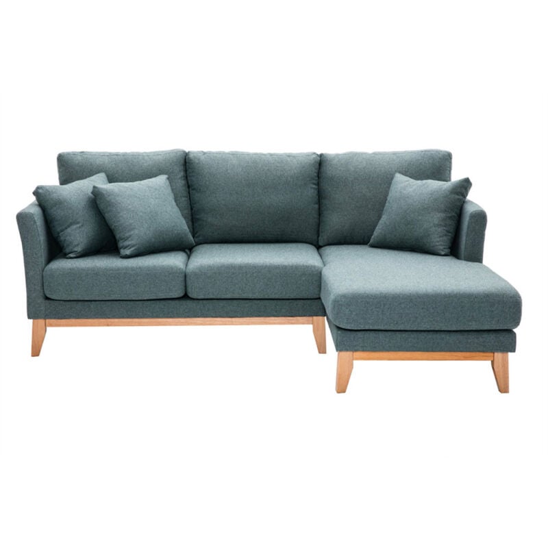 Canapé d'angle droit déhoussable scandinave 4 places en tissu vert de gris et bois clair oslo - Bleu grisé