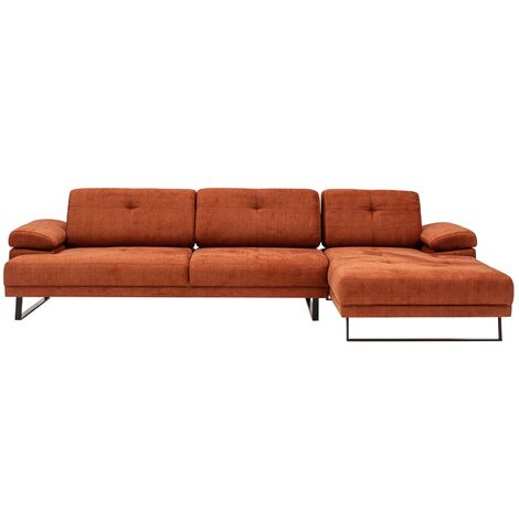 Canapé d'angle droit tissu orange et métal noir Kustone 314cm