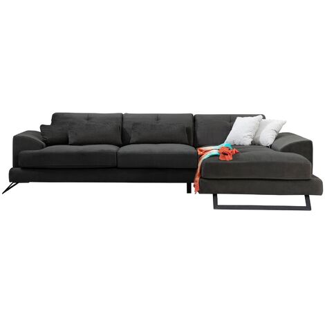 Canapé d'angle droit velours anthracite avec têtières relevables et pieds metal noir Briko 308cm
