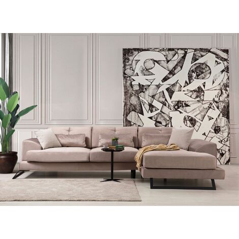 Canapé d'angle droit velours beige avec têtières relevables et pieds metal noir Briko 308cm