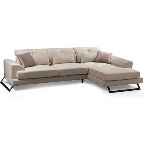 Canapé d'angle droit velours beige clair avec têtières relevables et pieds metal noir Briko 308cm