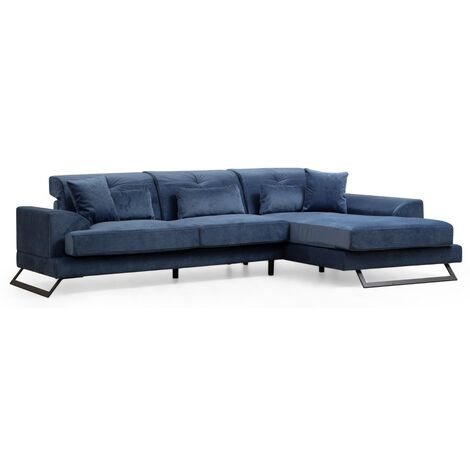 Canapé d'angle droit velours bleu avec têtières relevables et pieds metal noir Briko 308cm