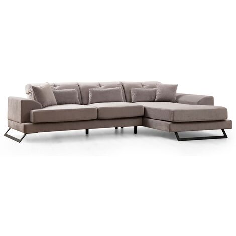 Canapé d'angle droit velours gris avec têtières relevables et pieds metal noir Briko 308cm