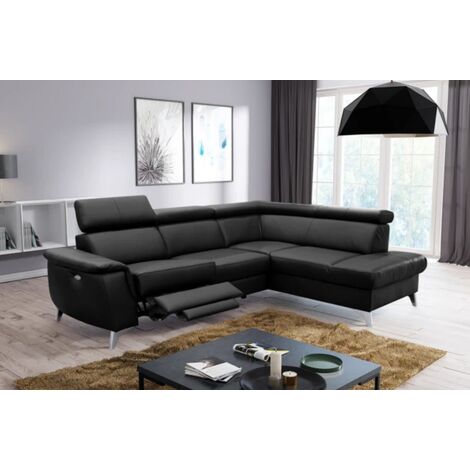 Canapé d'angle en cuir italien de luxe 5/6 places avec relax électrique et coffre, LINCOLN, noir, angle droit