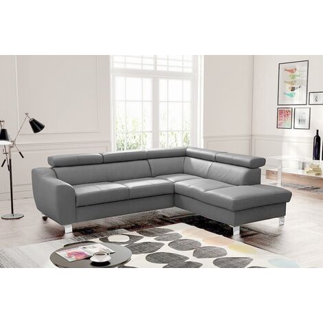 Canapé d'angle en cuir italien de luxe 5 places ASTERO, gris clair, angle droit