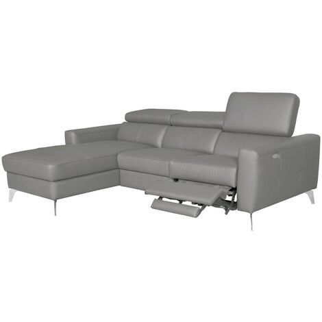 Canapé d'angle en cuir italien de luxe 5 places BOTERO, avec relax électrique, gris clair, angle gauche
