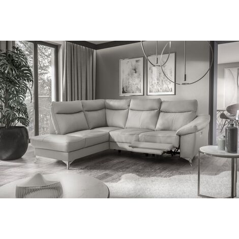 - Canapé d'angle en cuir italien de luxe 5 places LUZERNE, avec relax électrique et coffre, gris clair, angle gauche