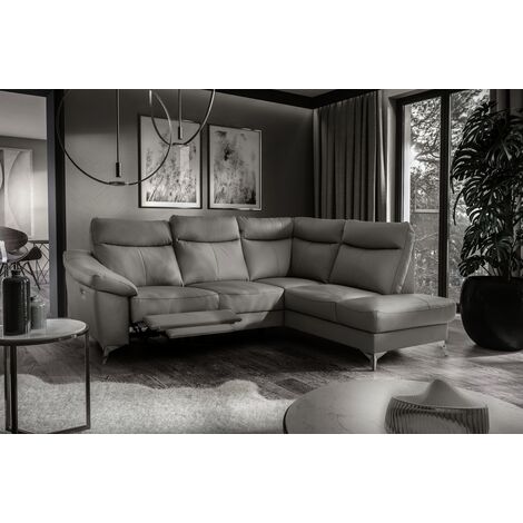 Canapé d'angle en cuir italien de luxe 5 places LUZERNE, avec relax électrique et coffre, gris foncé, angle droit