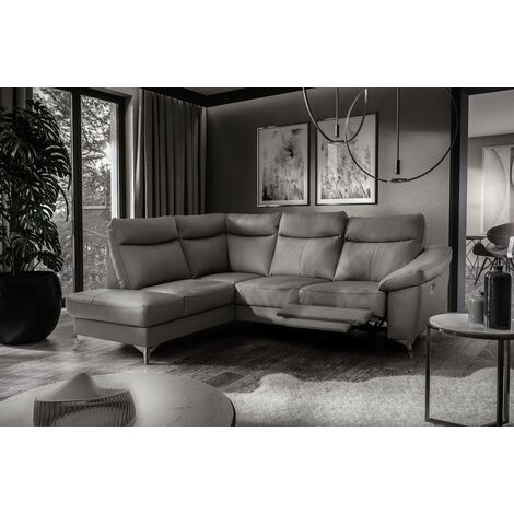 - Canapé d'angle en cuir italien de luxe 5 places LUZERNE, avec relax électrique et coffre, gris foncé, angle gauche