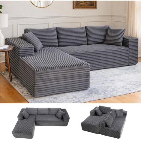 Canapé d'angle en Forme de L, Canapé Modulaire 105" avec Assise Profonde, Canapé Entièrement Compressé, Canapé 3 Places pour Salon et Chambre, Aucun Assemblage Requis, Velours côtelé, Gris