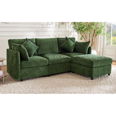 Canapé d'angle en forme de L, convertible en 3 places, design modulaire, avec pouf mobile et 4 coussins en chenille — Idéal pour salon, appartement et bureau — Vert