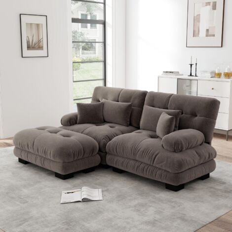 Canapé d'angle en forme de nuage pour salon, canapé deux places en chenille marron avec 2 coussins lombaires et 2 coussins décoratifs, larges accoudoirs et repose-pieds.