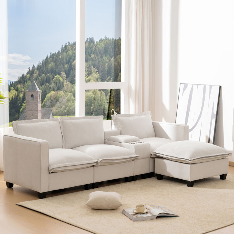 Hauss Spole - Canapé d'angle en l, 3 places, port de chargement usb, lampe de lecture + 2 porte-gobelets, chenille, beige