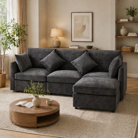 Canapé d'angle en L avec pouf amovible et 4 coussins Canapé 4 places Design modulable Chenille Gris