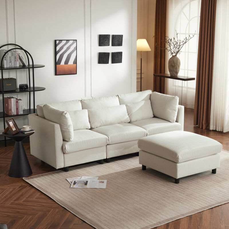 Hauss Spole - Canapé d'angle en l, canapé 3 places +1 repose, canapé de salon, design moderne, 220x83x65cm, Lin, beige