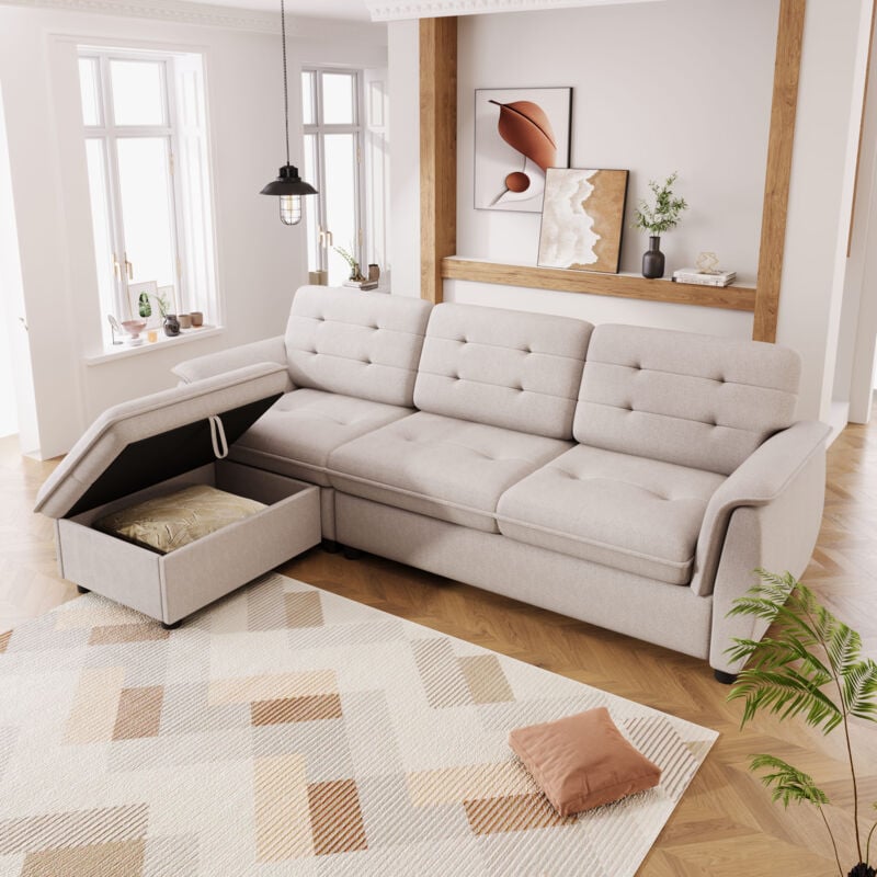 Hauss Spole - Canapé d'angle en l, Canapé rembourré avec 1 rangement repose ottoman, Lin, beige