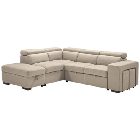 Canapé d'angle en microfibre avec 2 poufs et 1 coffre Selina-Beige-angle gauche