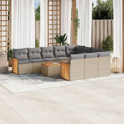Canapé d'angle en résine tressée beige 11 pièces avec rangement et coussins gris lavables, salon de jardin modulaire pour terrasse