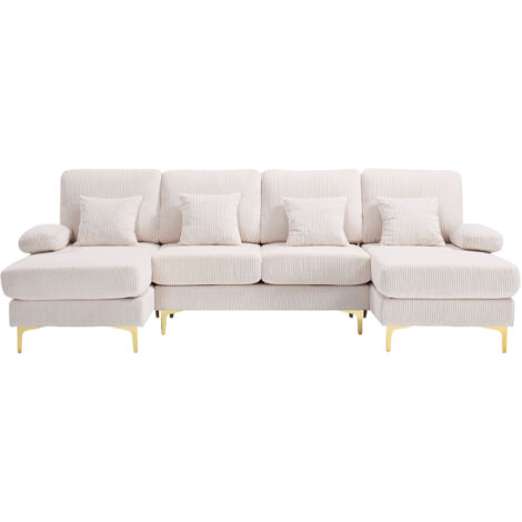 Canapé D'angle En U 265x135 Cm En Velours Beige, Éclairage LED D'ambiance Et Port USB