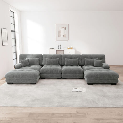 Canapé d'angle en U, canapé 4 places avec 2  repose-pieds amovible, 6 coussins, en tissu, gris