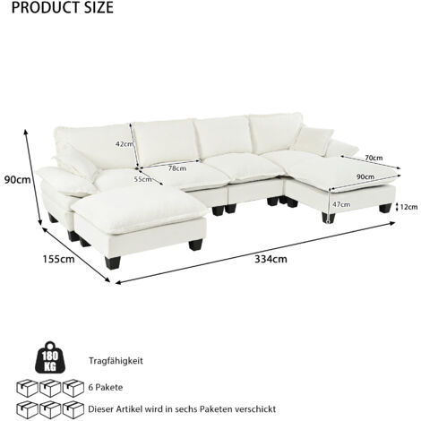 Canapé d’angle en U style nuage 6 places en chenille. Livré avec ottomans mobiles,confortable pour salon et grands appartements,teinte beige.