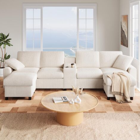 Canapé d'Angle en Velours Côtelé avec Tabourets de Rangement - Table Basse, Porte-gobelets, USB/Prise/Type-C Intégrés, 315x135x81 cm, Beige