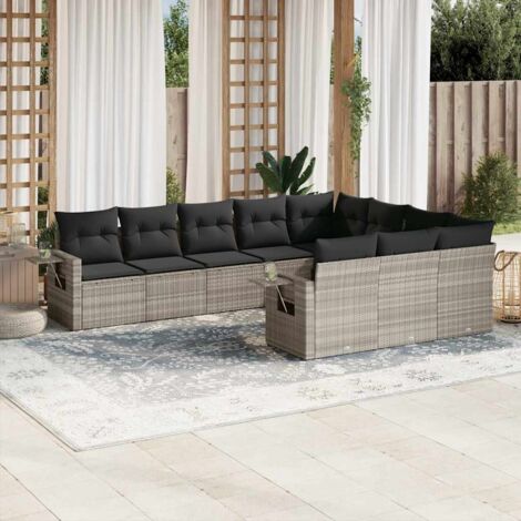 Canapé d'angle extérieur 10 places gris clair, résine tressée, avec 12 coussins anthracite, modulaire